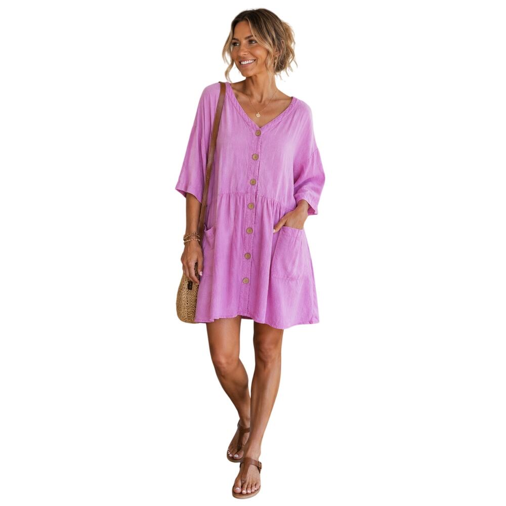 Rip Curl  Large Pinkish Purple Linen Blend Button Front Tunic Dress Pockets